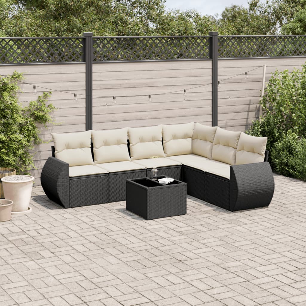 7 Piece Garden Sofa Set with Cushions Black Poly Rattan