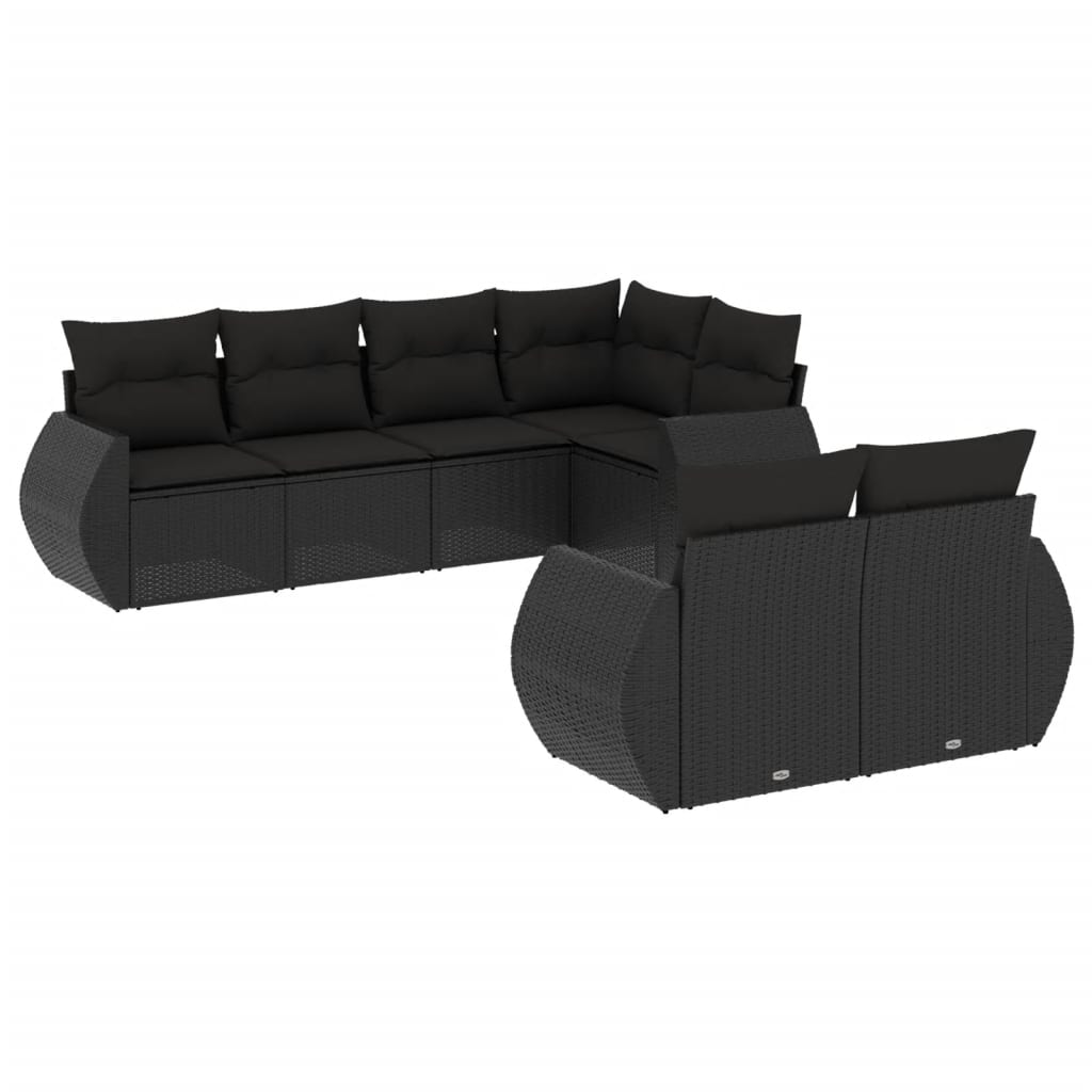 7 Piece Garden Sofa Set with Cushions Black Poly Rattan