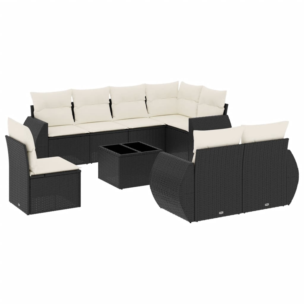 9 Piece Garden Sofa Set with Cushions Black Poly Rattan