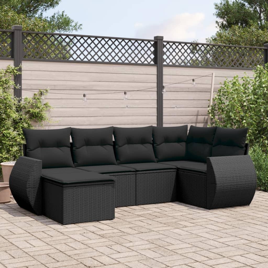 6 Piece Garden Sofa Set with Cushions Black Poly Rattan