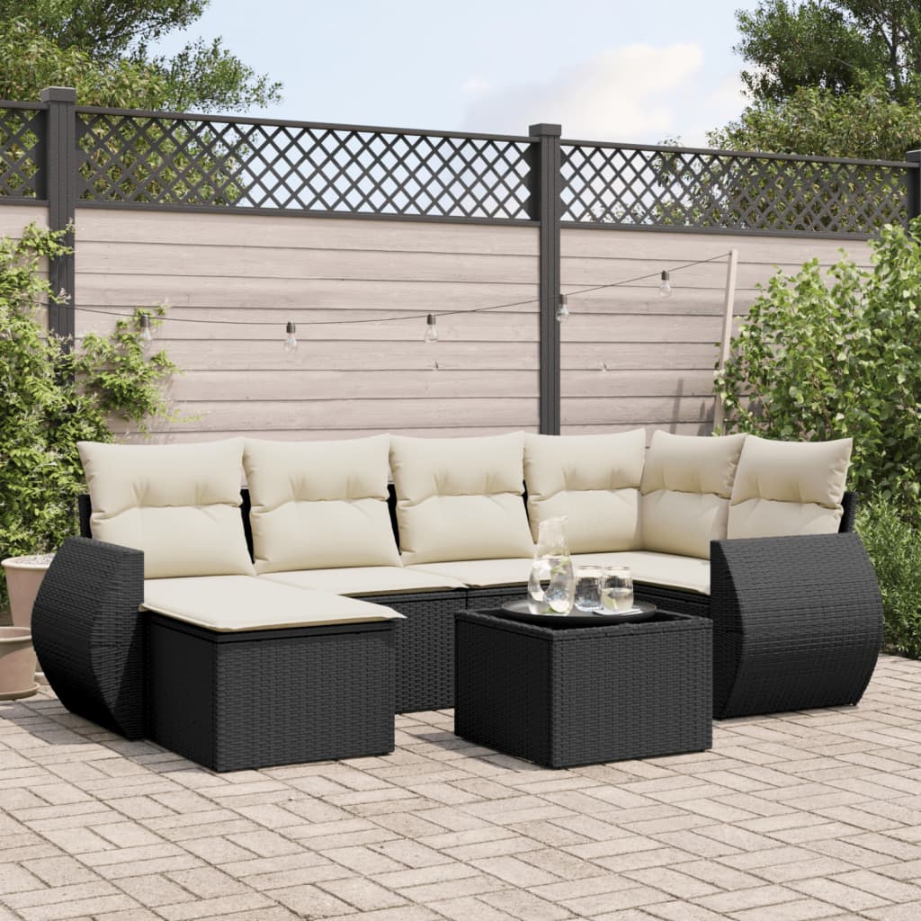 7 Piece Garden Sofa Set with Cushions Black Poly Rattan