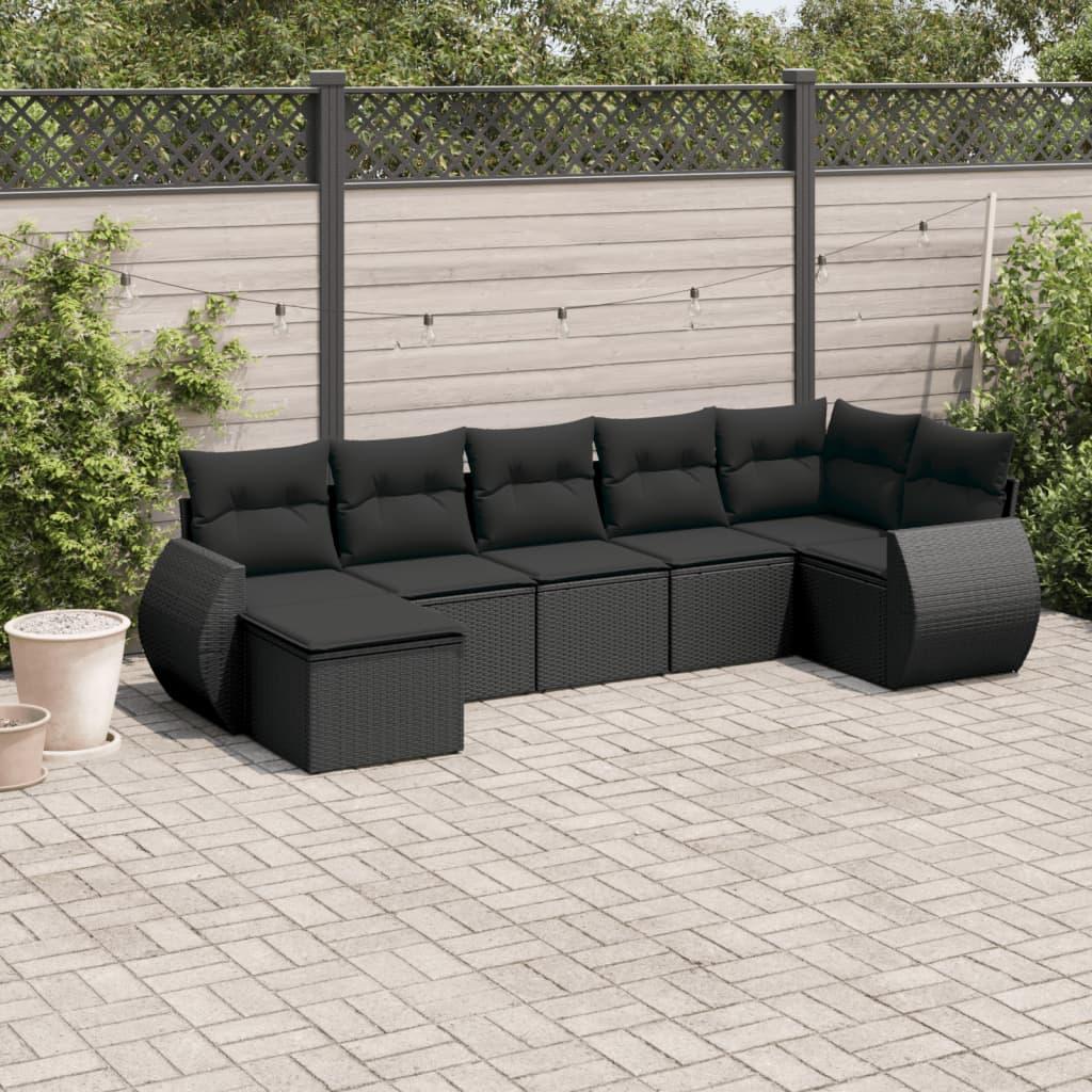 7 Piece Garden Sofa Set with Cushions Black Poly Rattan