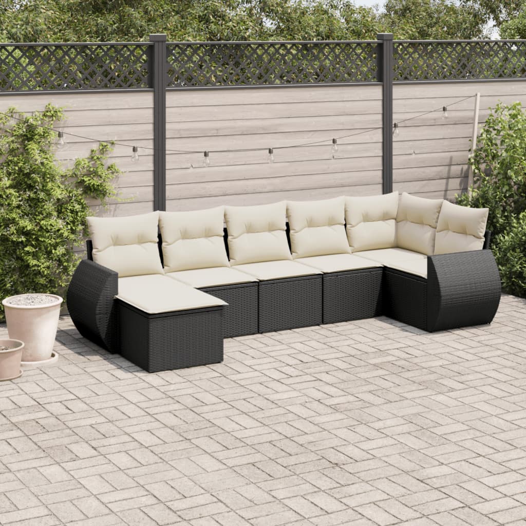 7 Piece Garden Sofa Set with Cushions Black Poly Rattan