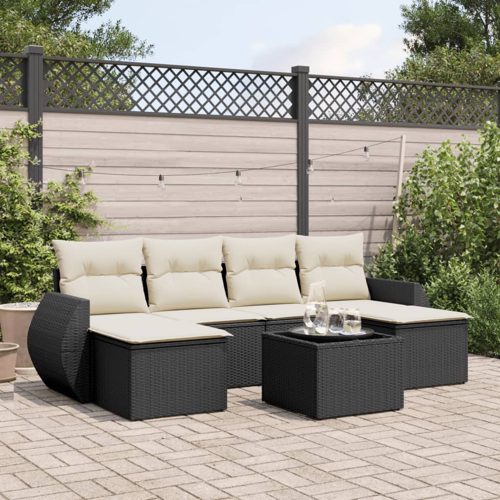 7 Piece Garden Sofa Set with Cushions Black Poly Rattan