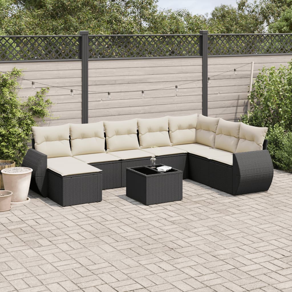 9 Piece Garden Sofa Set with Cushions Black Poly Rattan