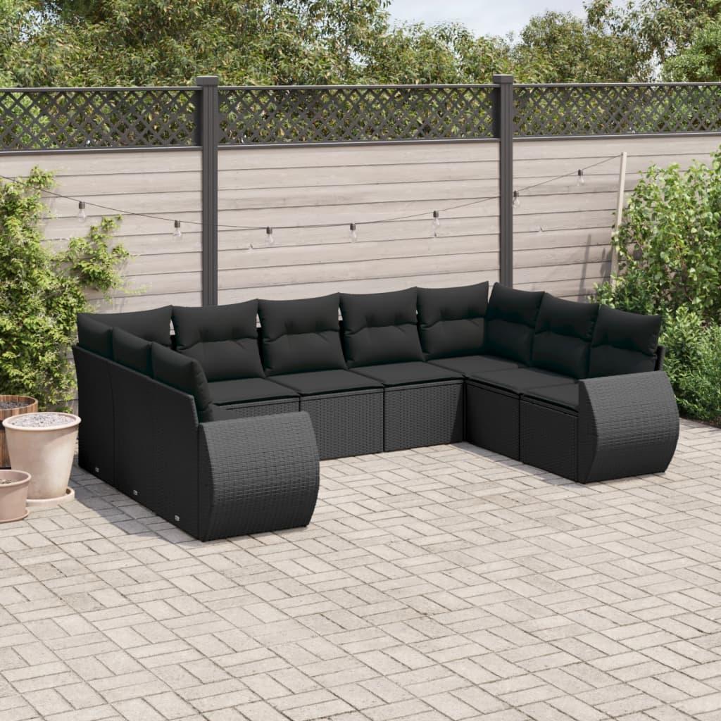 9 Piece Garden Sofa Set with Cushions Black Poly Rattan