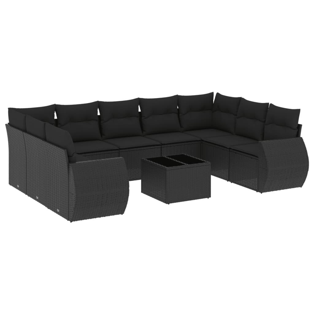 10 Piece Garden Sofa Set with Cushions Black Poly Rattan