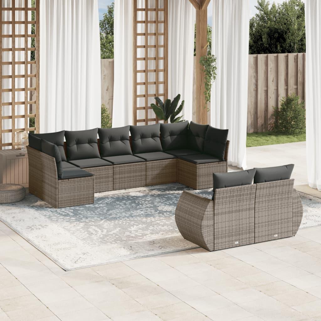 9 Piece Garden Sofa Set with Cushions Grey Poly Rattan