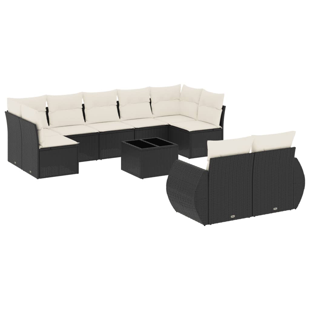 10 Piece Garden Sofa Set with Cushions Black Poly Rattan