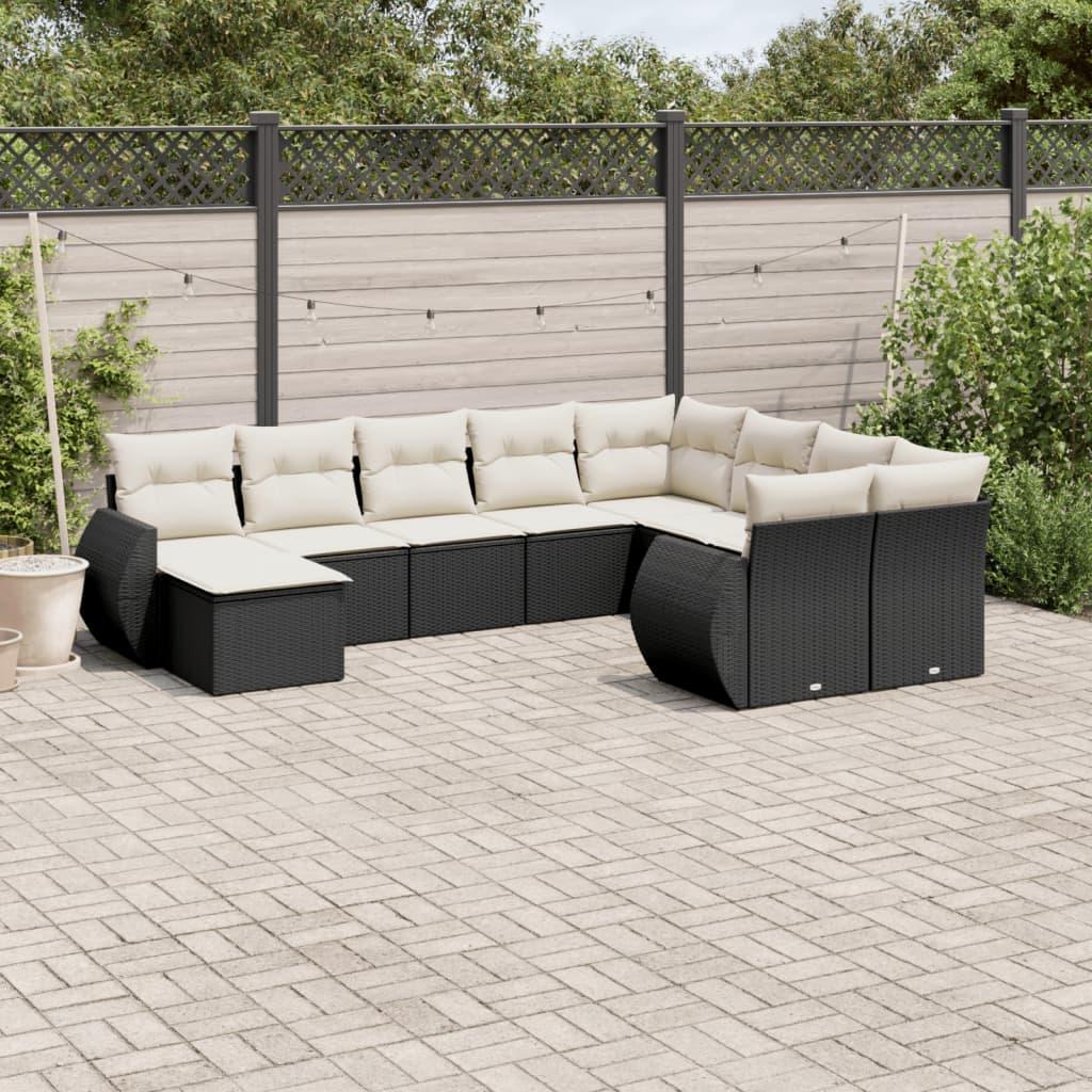 10 Piece Garden Sofa Set with Cushions Black Poly Rattan