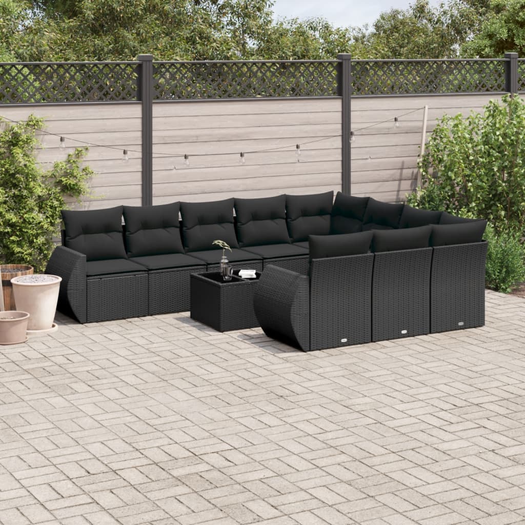 11 Piece Garden Sofa Set with Cushions Black Poly Rattan