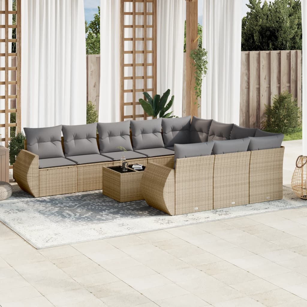 11 Piece Garden Sofa Set with Cushions Beige Poly Rattan