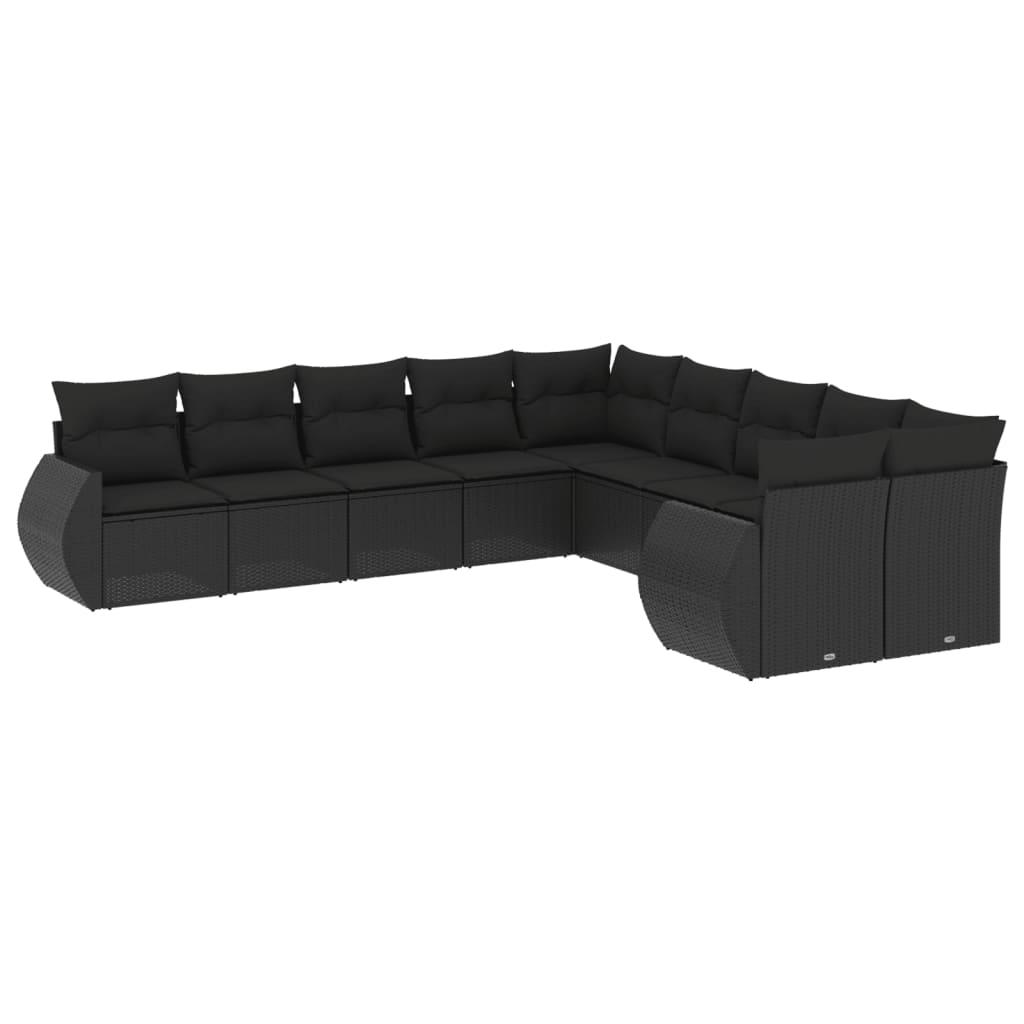 10 Piece Garden Sofa Set with Cushions Black Poly Rattan