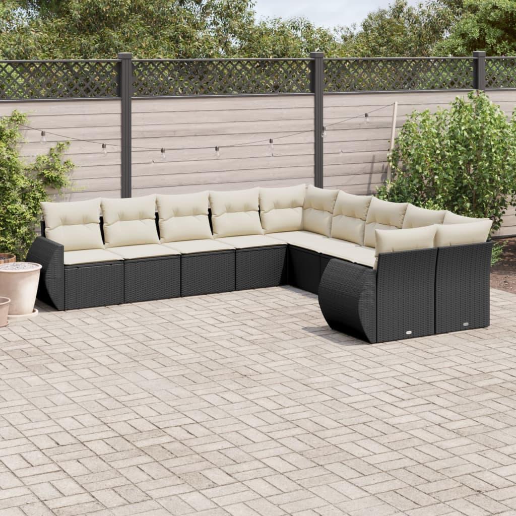 10 Piece Garden Sofa Set with Cushions Black Poly Rattan