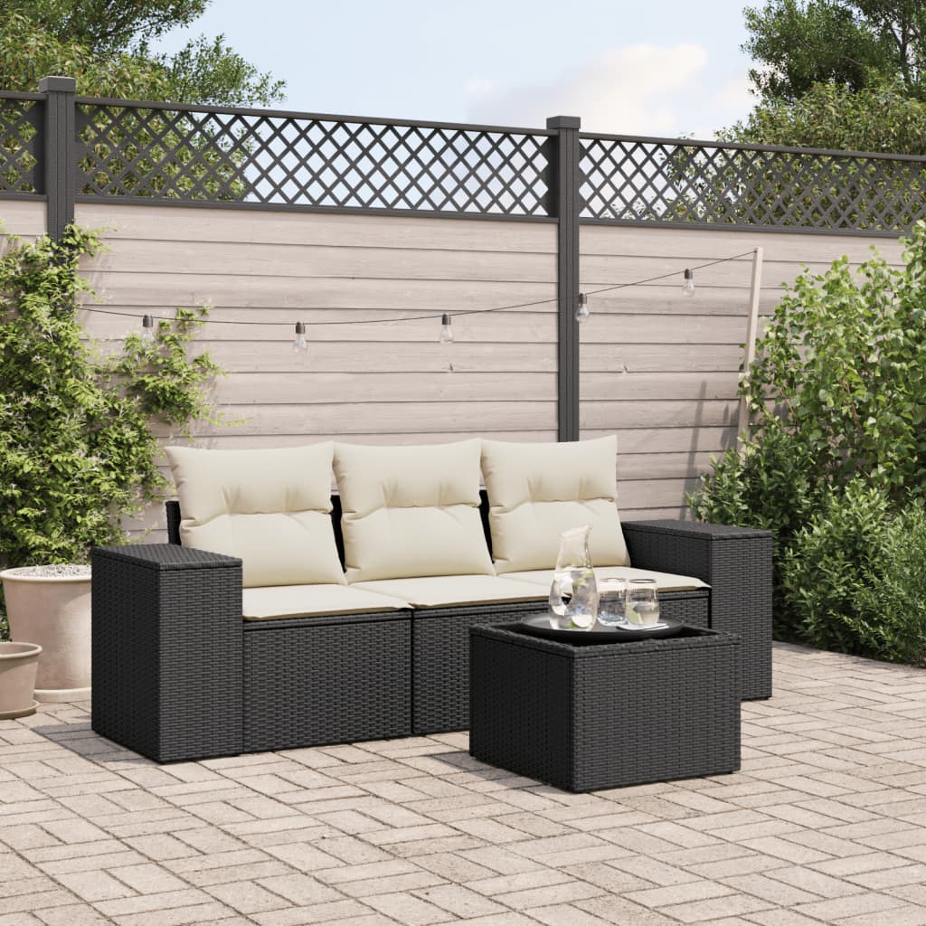 4 Piece Garden Sofa Set with Cushions Black Poly Rattan