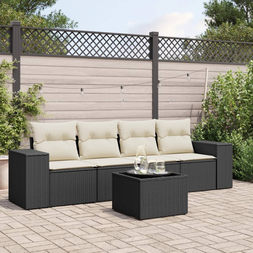 5 Piece Garden Sofa Set with Cushions Black Poly Rattan