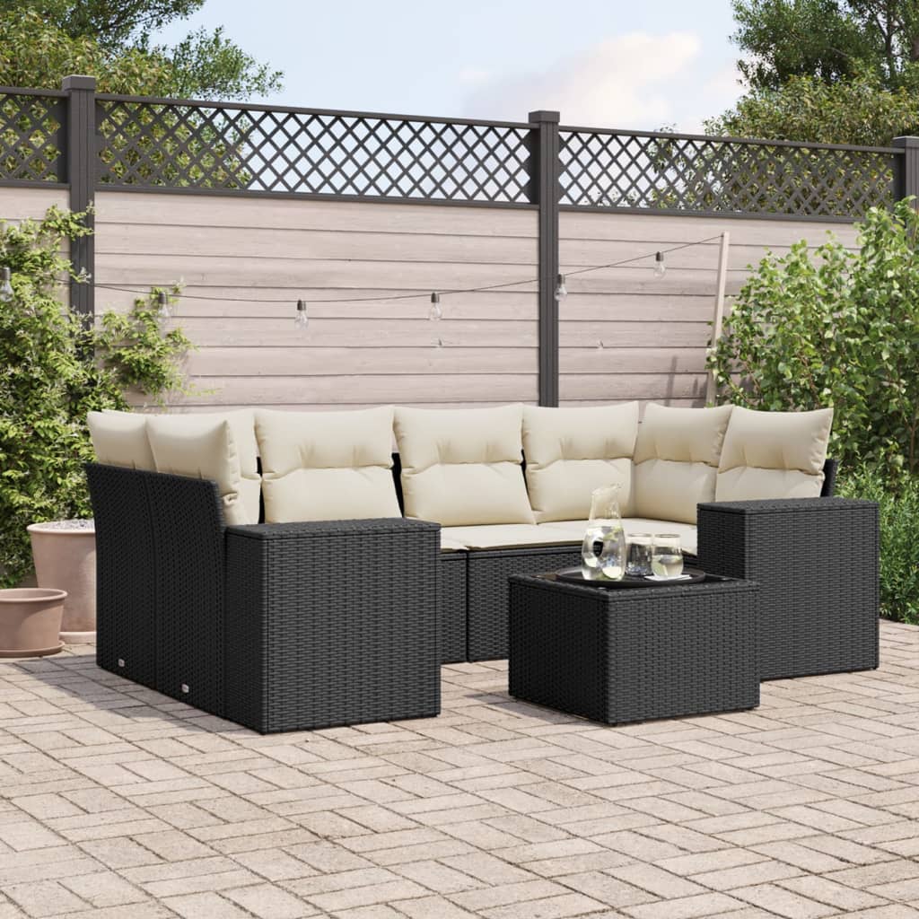 7 Piece Garden Sofa Set with Cushions Black Poly Rattan