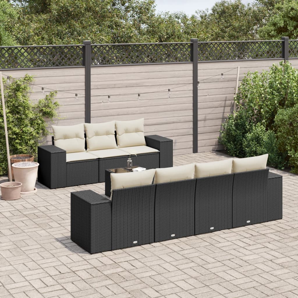 8 Piece Garden Sofa Set with Cushions Black Poly Rattan