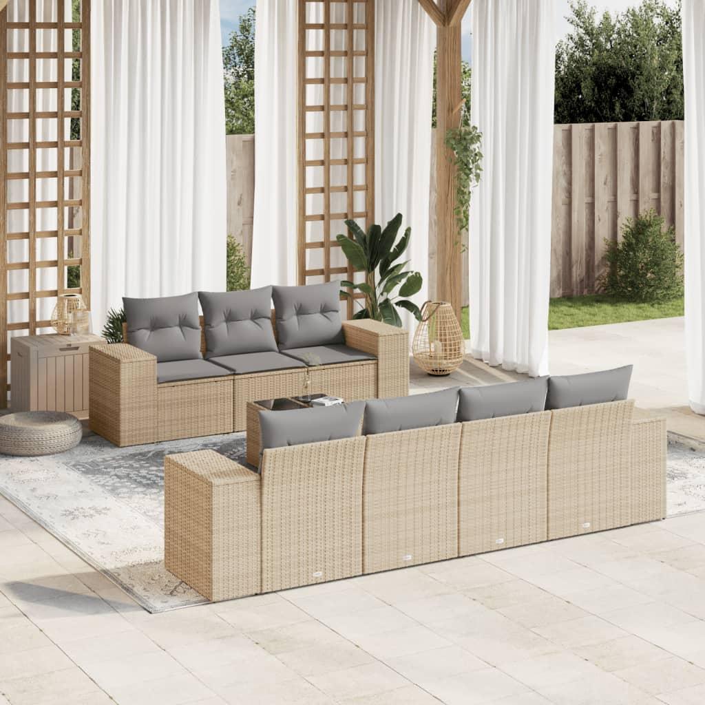 8 Piece Garden Sofa Set with Cushions Beige Poly Rattan