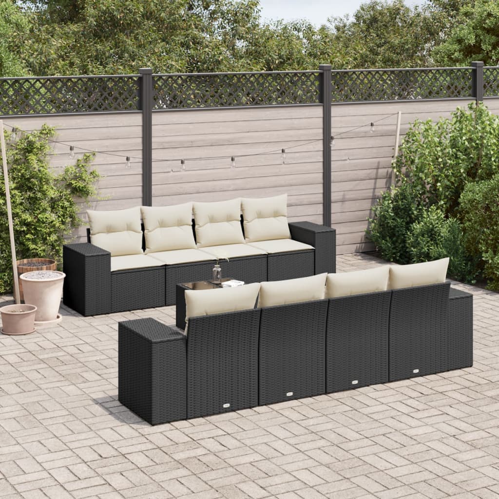 9 Piece Garden Sofa Set with Cushions Black Poly Rattan