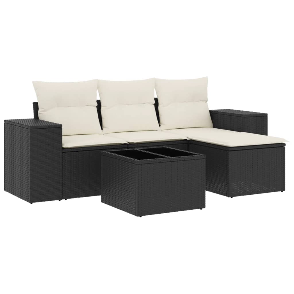 5 Piece Garden Sofa Set with Cushions Black Poly Rattan