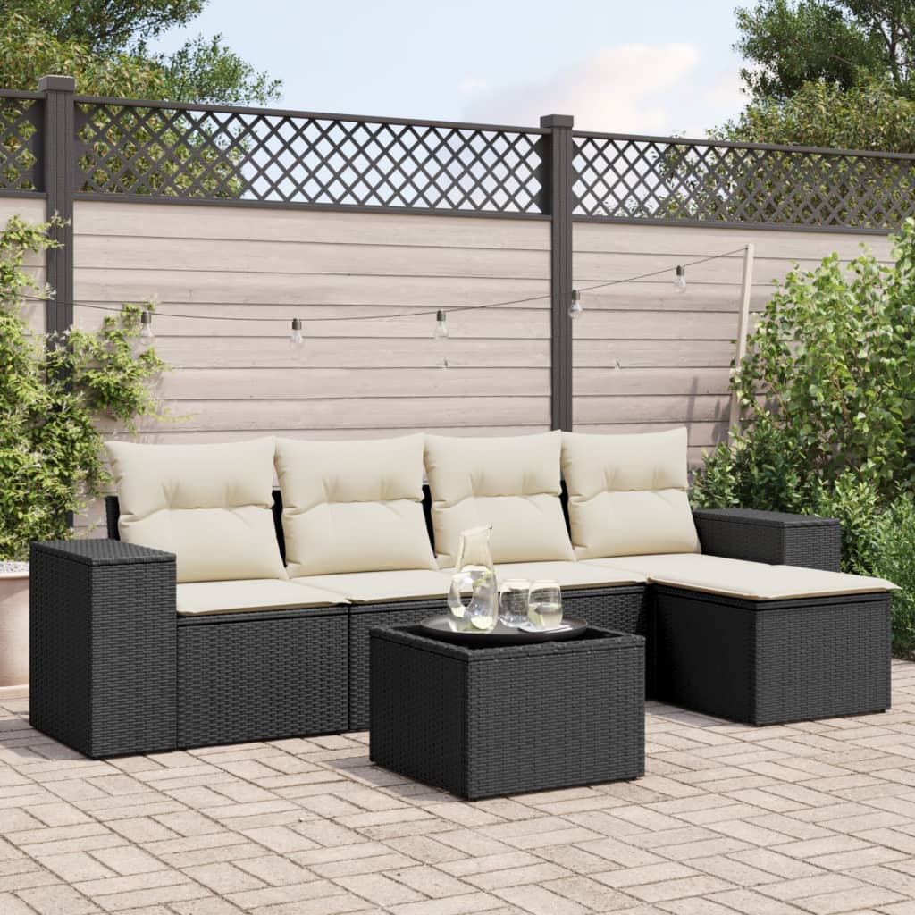 6 Piece Garden Sofa Set with Cushions Black Poly Rattan