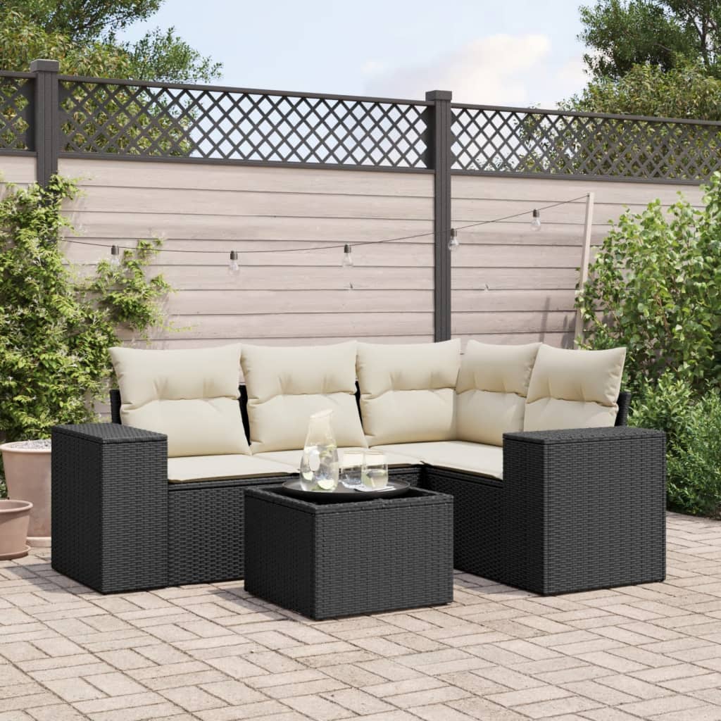 5 Piece Garden Sofa Set with Cushions Black Poly Rattan