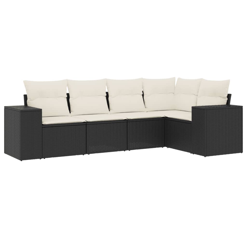 5 Piece Garden Sofa Set with Cushions Black Poly Rattan