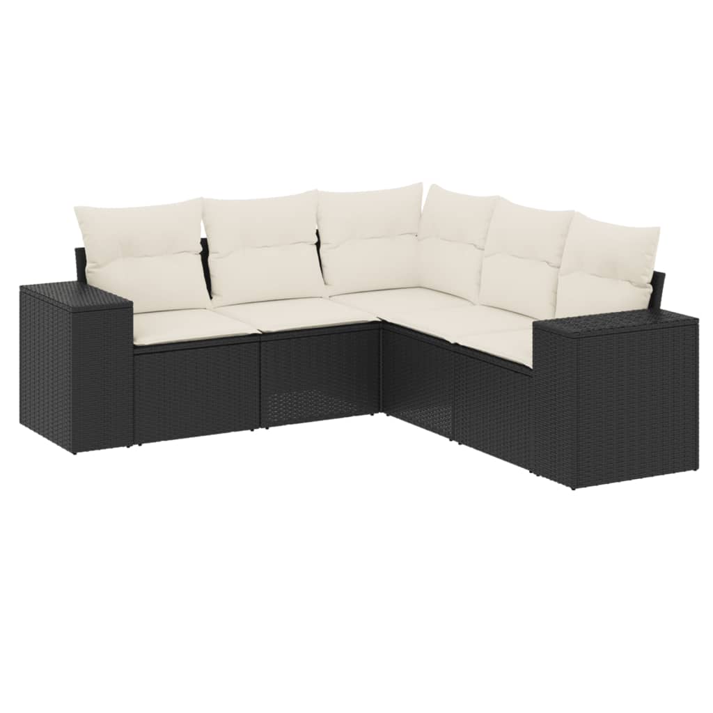 5 Piece Garden Sofa Set with Cushions Black Poly Rattan