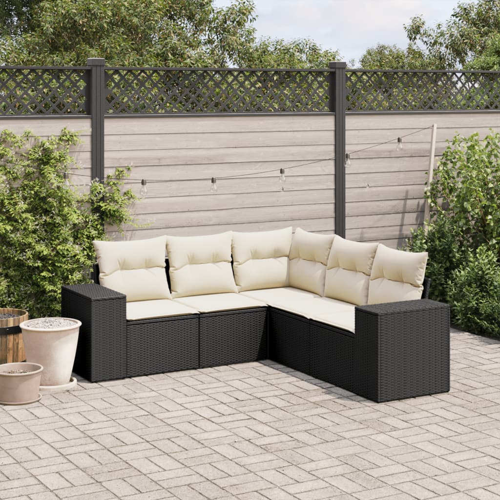 5 Piece Garden Sofa Set with Cushions Black Poly Rattan