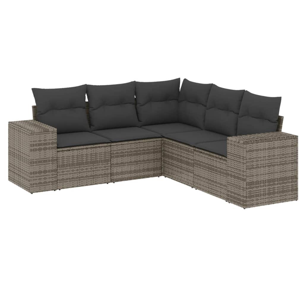 5 Piece Garden Sofa Set with Cushions Grey Poly Rattan