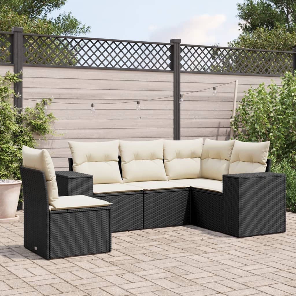 5 Piece Garden Sofa Set with Cushions Black Poly Rattan