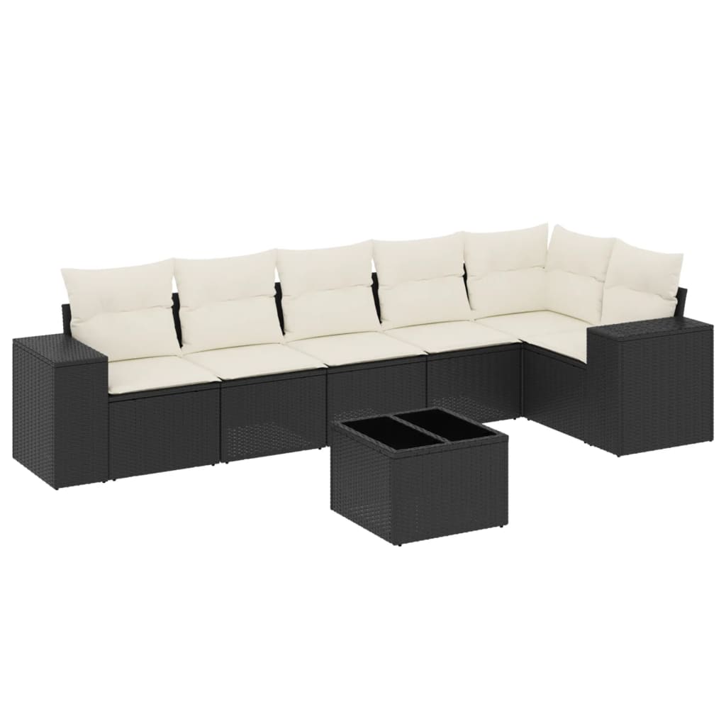 7 Piece Garden Sofa Set with Cushions Black Poly Rattan