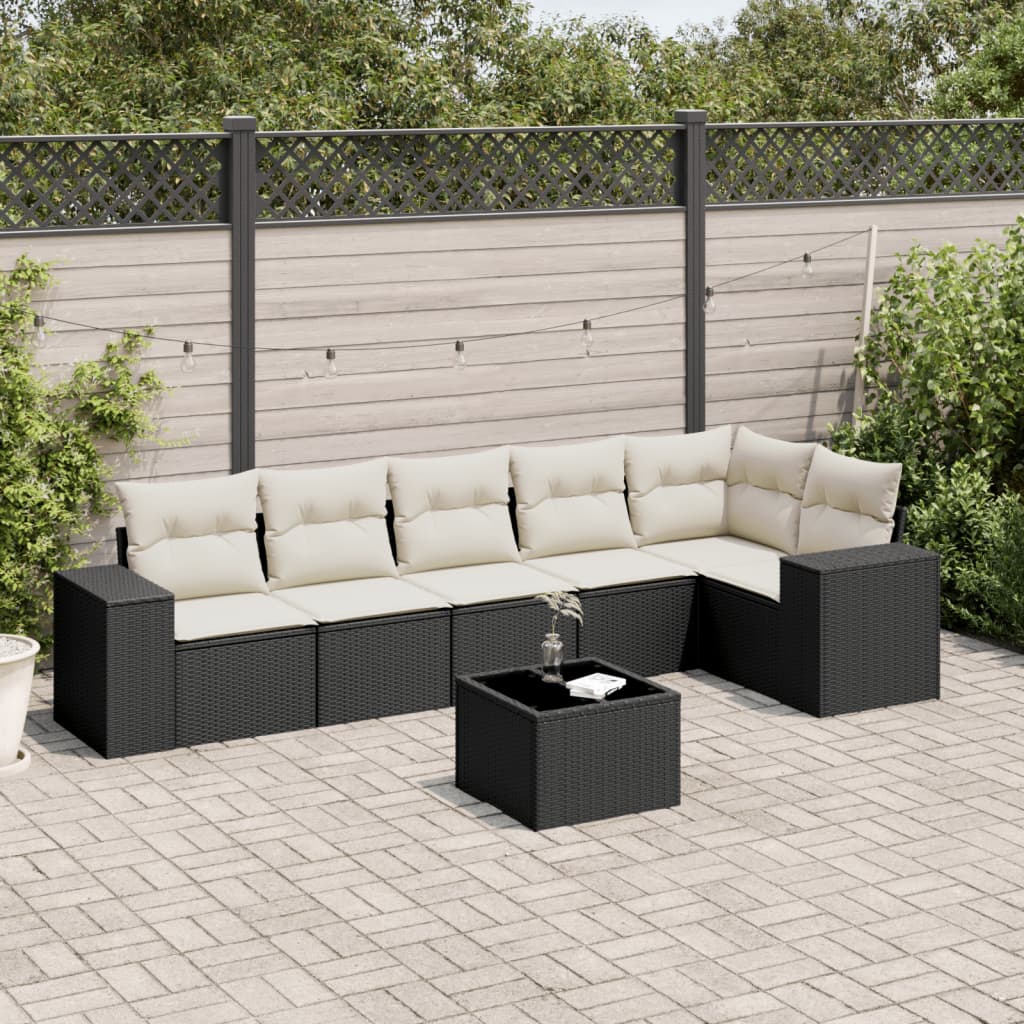 7 Piece Garden Sofa Set with Cushions Black Poly Rattan