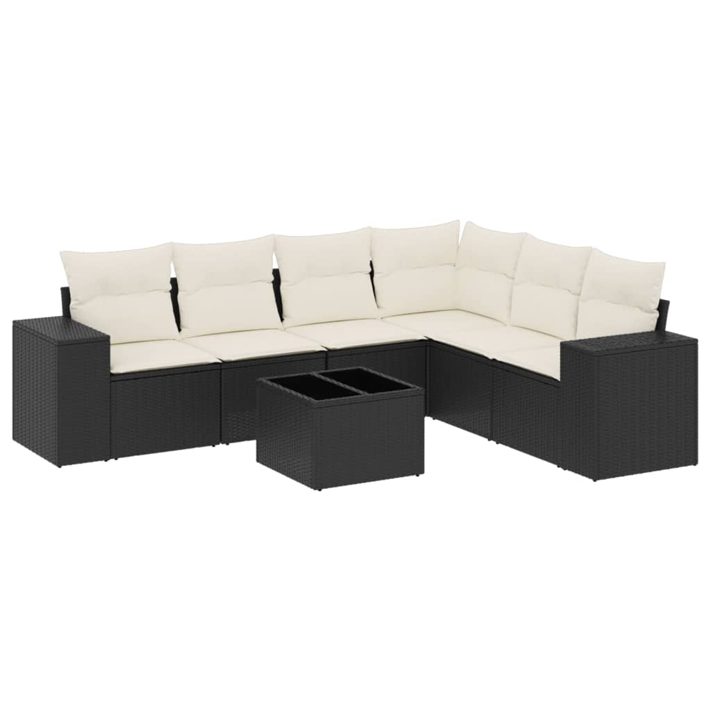 7 Piece Garden Sofa Set with Cushions Black Poly Rattan