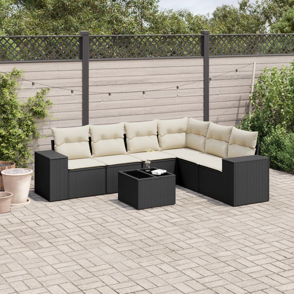 7 Piece Garden Sofa Set with Cushions Black Poly Rattan