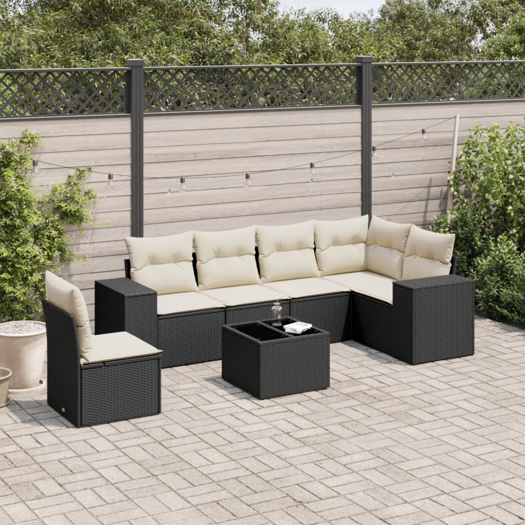 7 Piece Garden Sofa Set with Cushions Black Poly Rattan