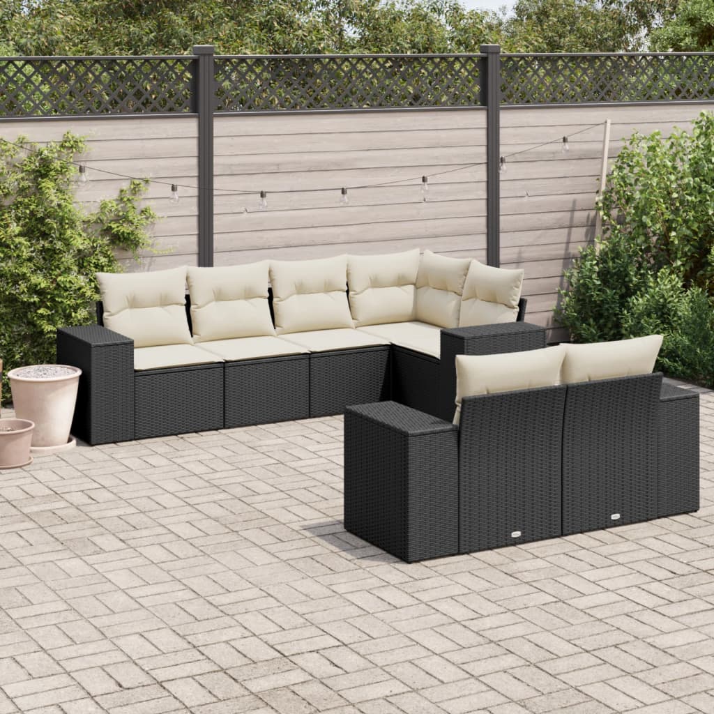 7 Piece Garden Sofa Set with Cushions Black Poly Rattan