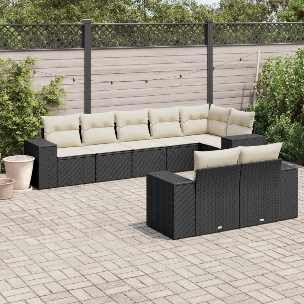 8 Piece Garden Sofa Set with Cushions Black Poly Rattan