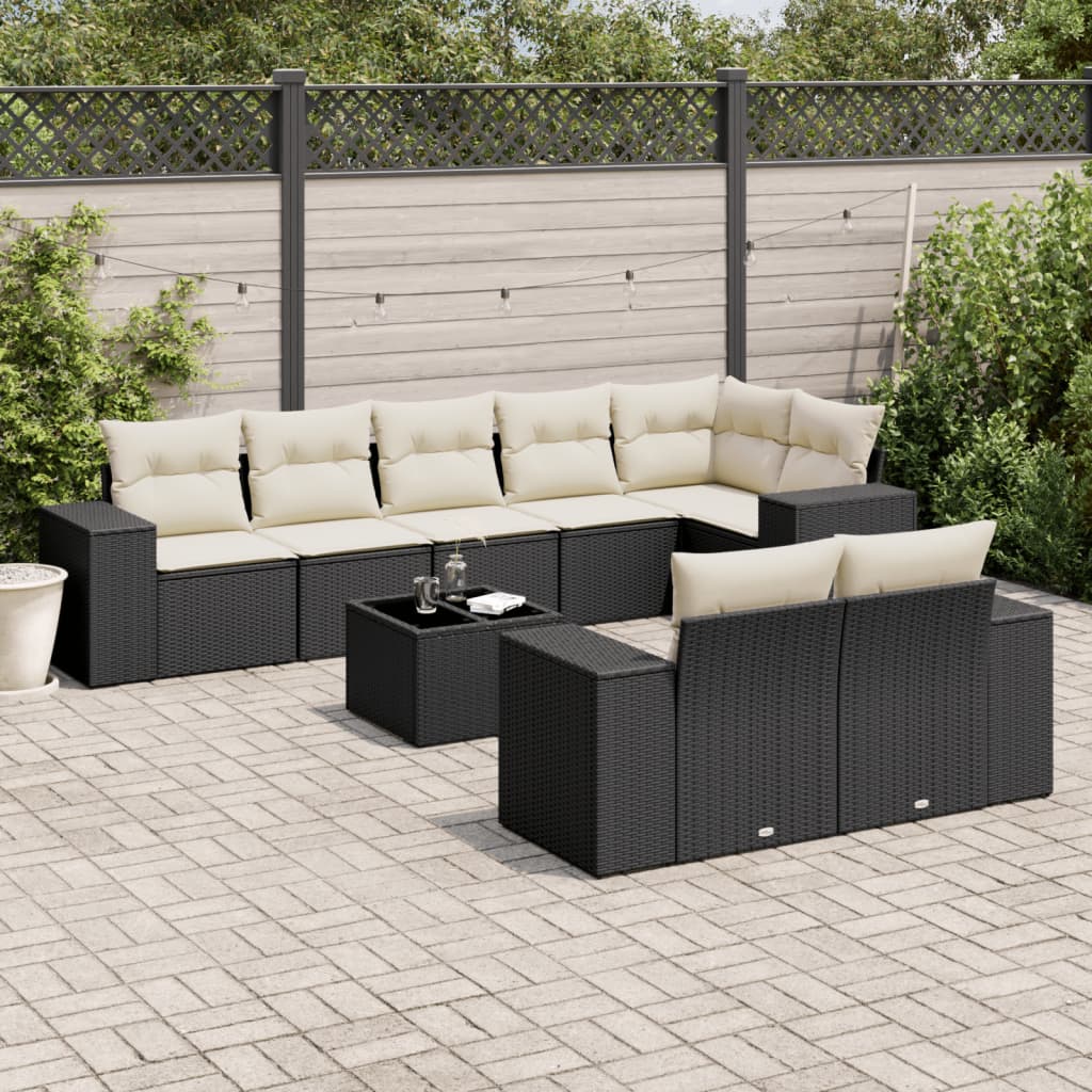 9 Piece Garden Sofa Set with Cushions Black Poly Rattan