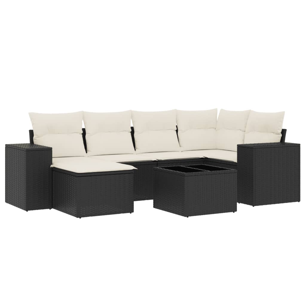 7 Piece Garden Sofa Set with Cushions Black Poly Rattan