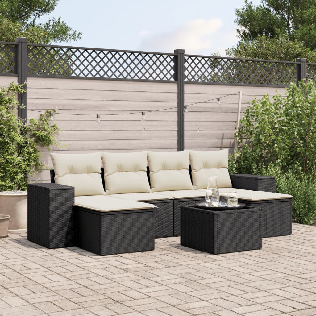 7 Piece Garden Sofa Set with Cushions Black Poly Rattan