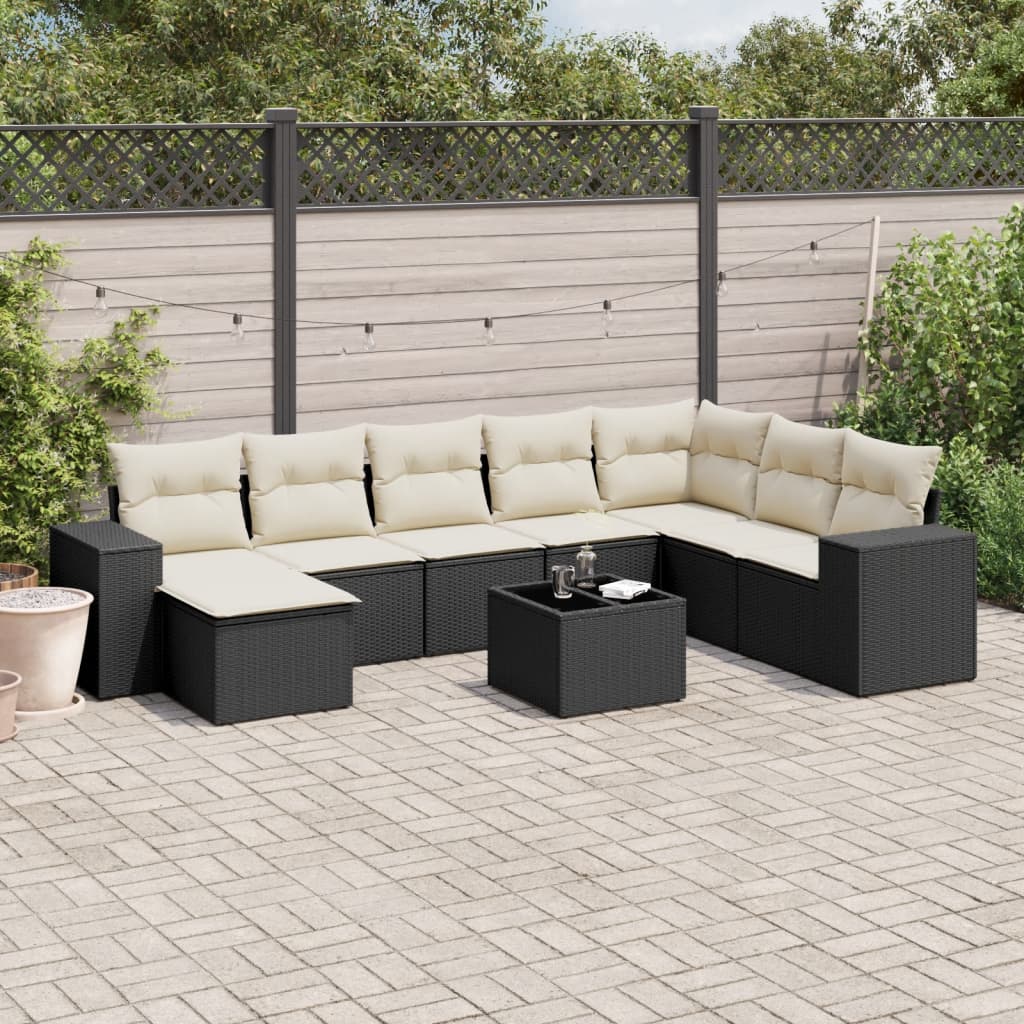 9 Piece Garden Sofa Set with Cushions Black Poly Rattan