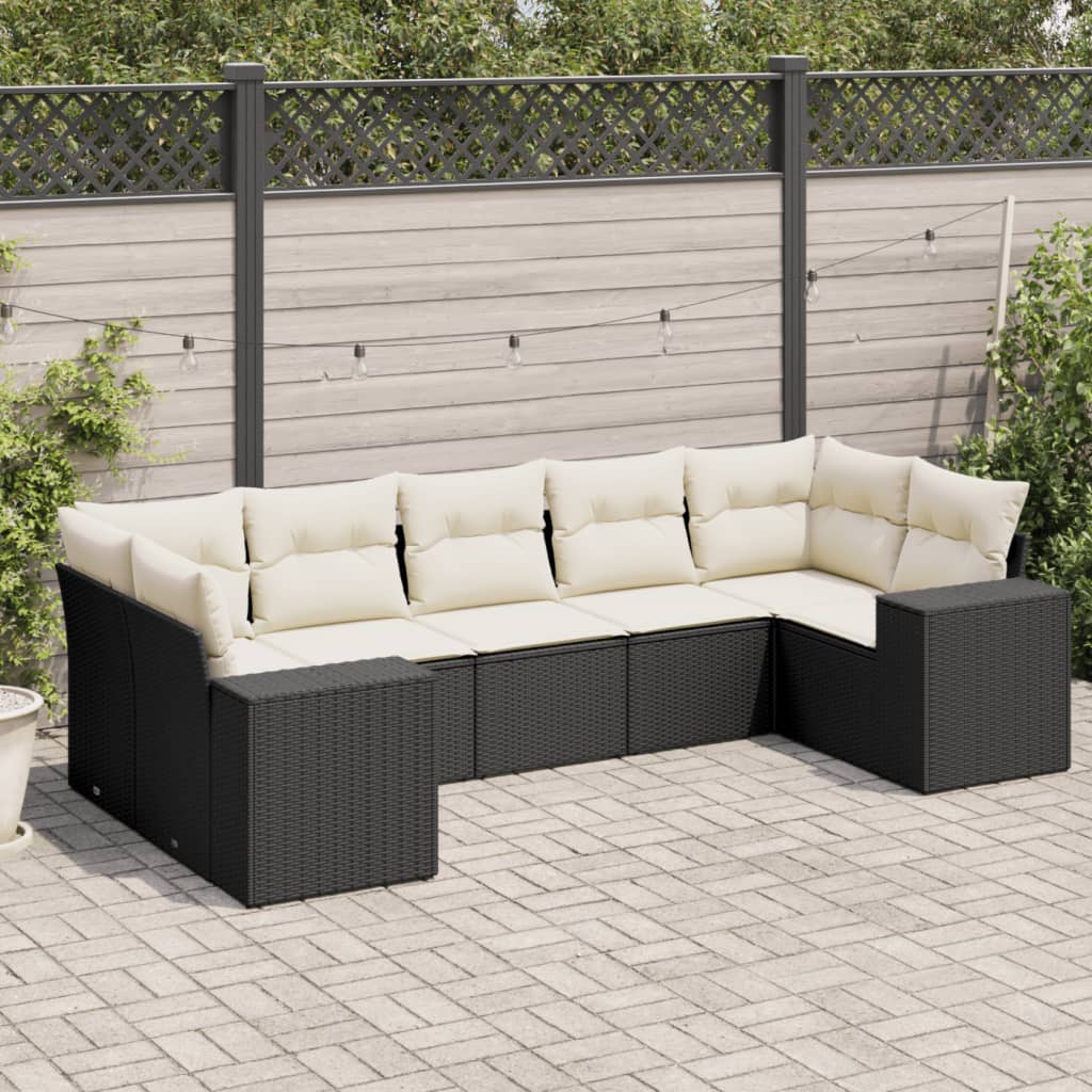 7 Piece Garden Sofa Set with Cushions Black Poly Rattan