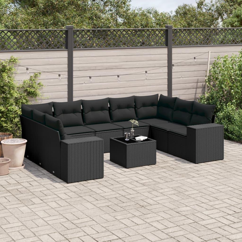 10 Piece Garden Sofa Set with Cushions Black Poly Rattan