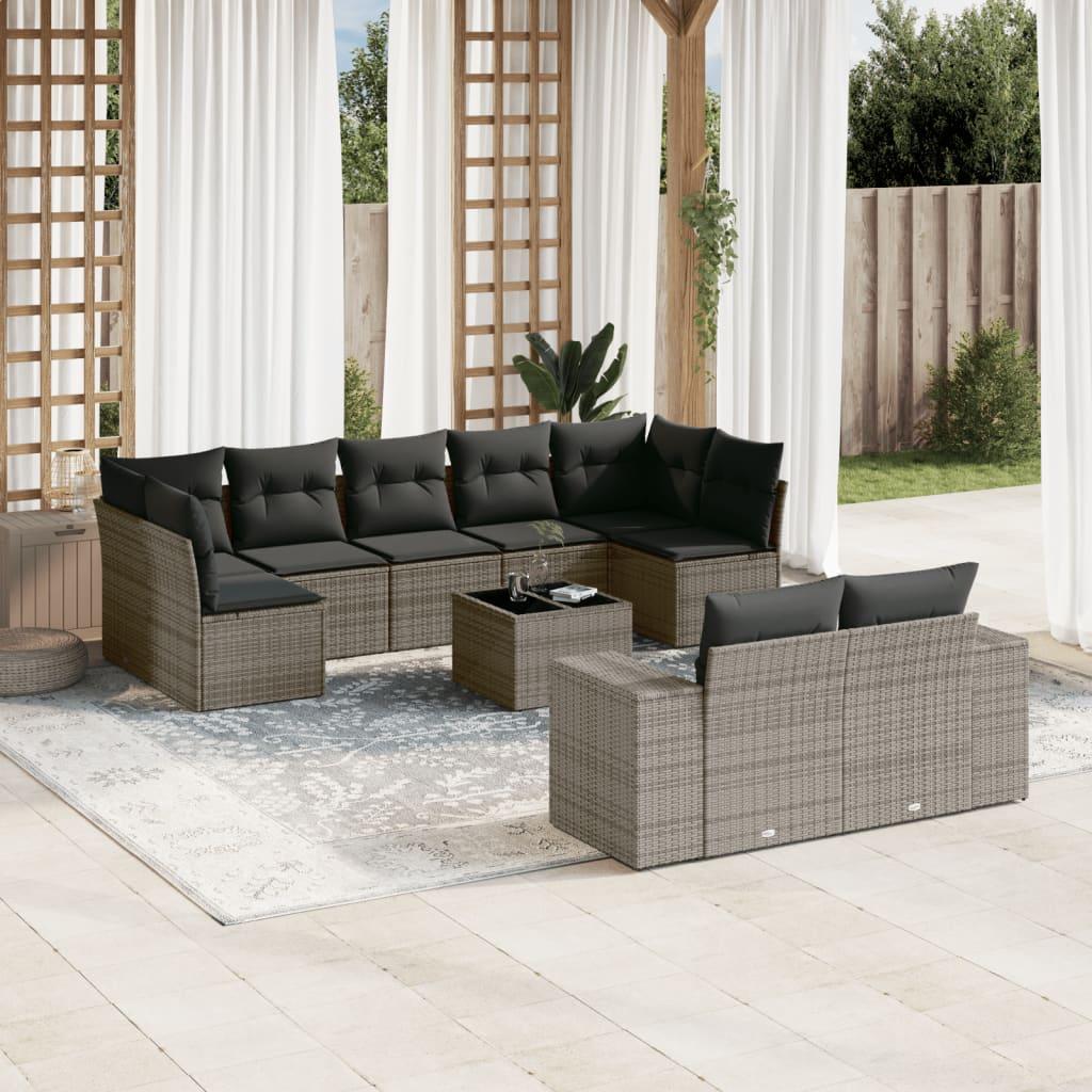 10 Piece Garden Sofa Set with Cushions Grey Poly Rattan