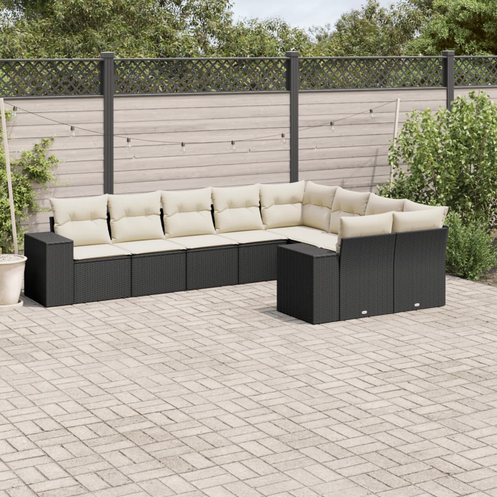 9 Piece Garden Sofa Set with Cushions Black Poly Rattan