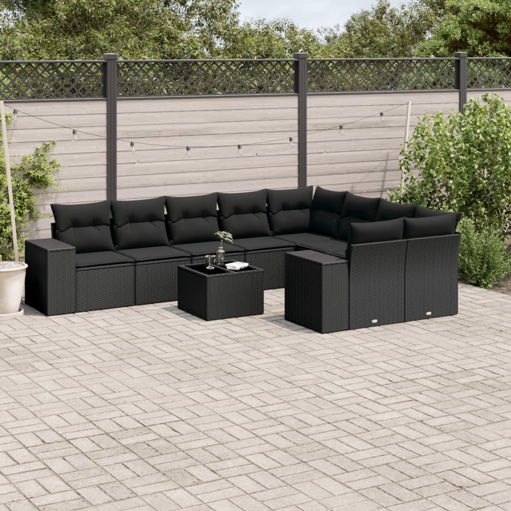 10 Piece Garden Sofa Set with Cushions Black Poly Rattan