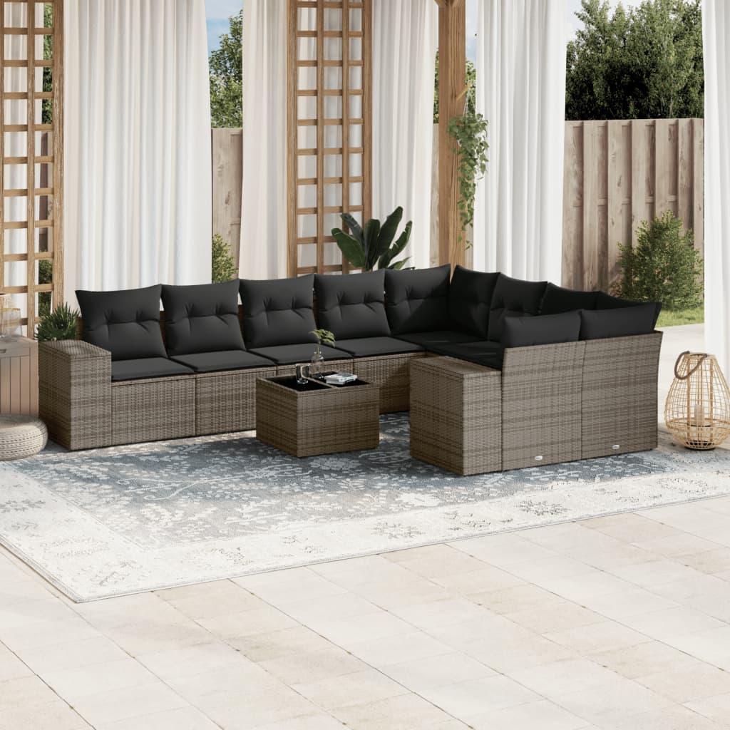 10 Piece Garden Sofa Set with Cushions Grey Poly Rattan