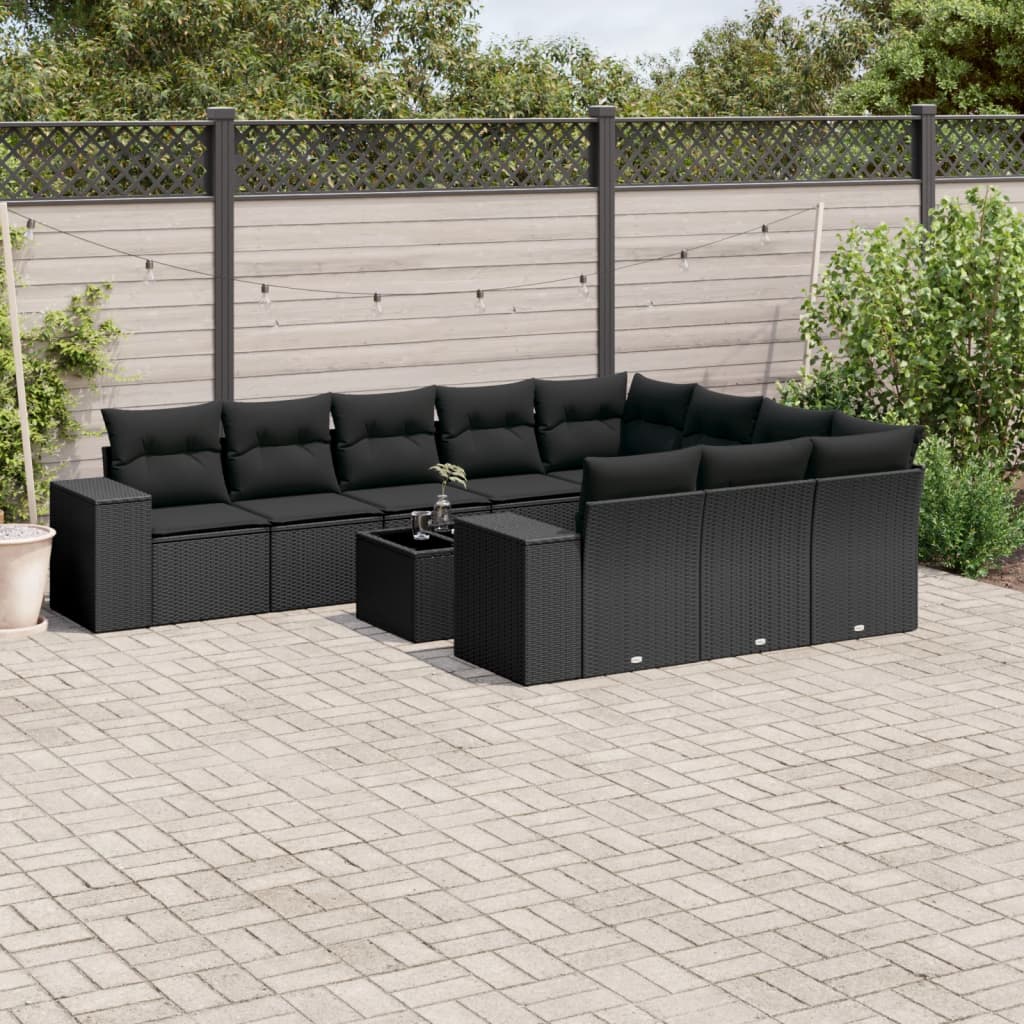 11 Piece Garden Sofa Set with Cushions Black Poly Rattan